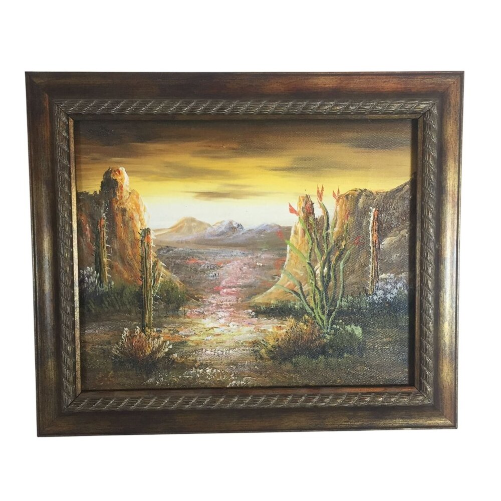 Painting Acrylic Desert Cactus Mountain Landscape Framed 12 X 10